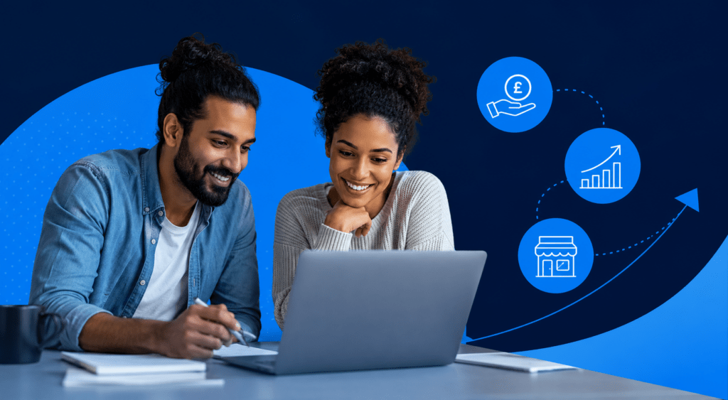 Business Loans for a young mixed couple reviewing finance options online with business growth icons in a blue branded design.