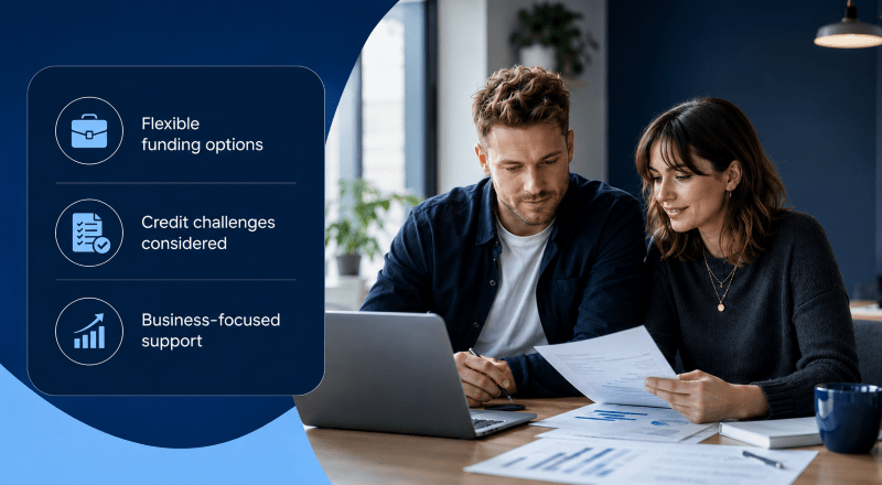 Business Loans With Bad Credit hero image showing a young white couple reviewing business finance documents at a laptop, with icons for flexible funding options, credit challenges considered, and business-focused support.