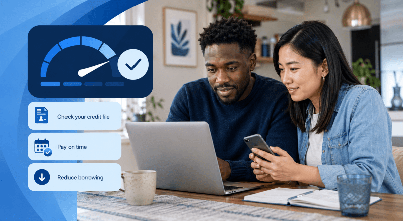 Credit Readiness: young mixed couple reviewing their credit file and payment habits online before applying for a mortgage