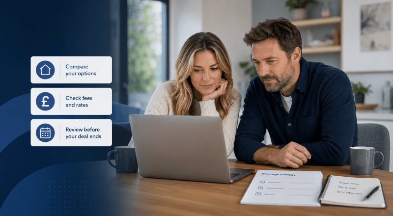 White couple comparing current mortgage lender options with a new deal on a laptop
