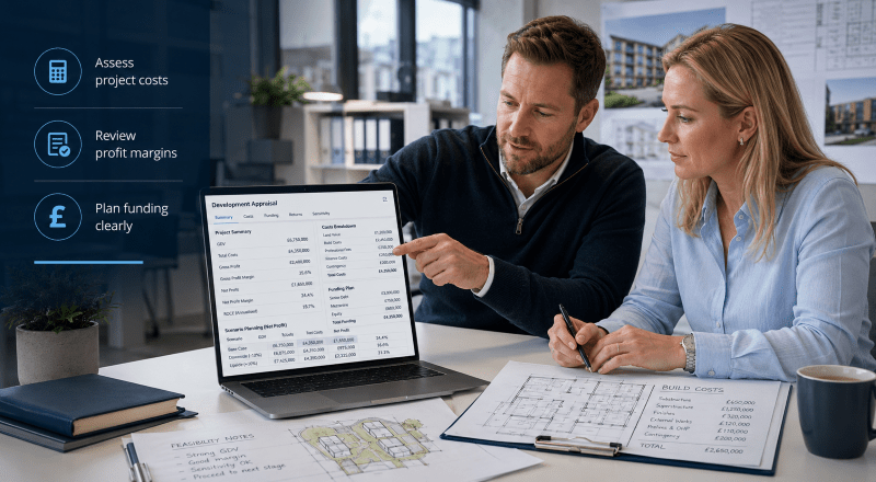Development Appraisal Tools for property developers reviewing project costs, profit margins and funding plans