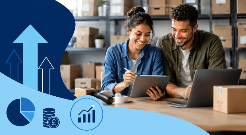 How Business Loans Work, shown through a young mixed couple reviewing finance plans in a modern workspace with business growth icons, charts and funding symbols in dark and light blue branding.