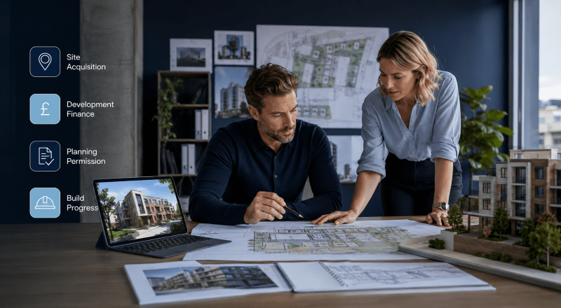 Property developers reviewing site plans and development finance options in a modern office