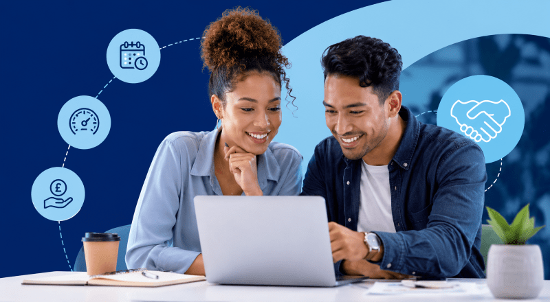Young mixed-ethnicity business couple reviewing finance options on a laptop, with icons representing Short-Term Business Loans and Cash Flow Finance in a blue branded office-style setting.