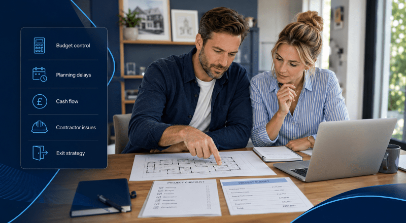 Why Property Projects Fail: couple reviewing property plans, budget control, cash flow, planning delays, contractor issues and exit strategy