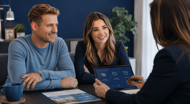 White couple reviewing mortgage interest rate options with an adviser, illustrating how mortgage interest rates worked in 2023