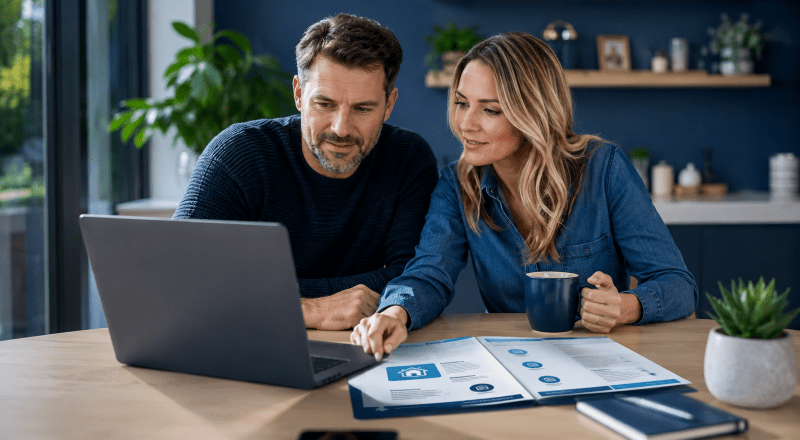 White couple reviewing mortgage options on a laptop with paperwork, representing Mortgage Decisions in 2023