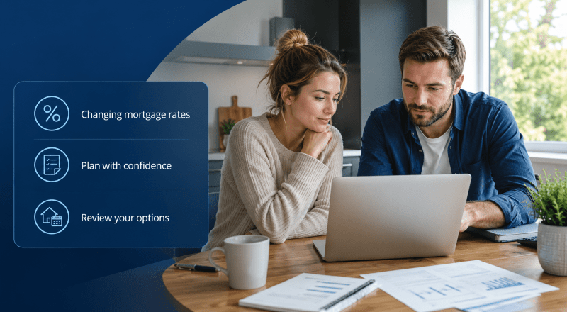 he New Norm: young couple reviewing mortgage options on a laptop with icons for changing rates, planning ahead and reviewing options