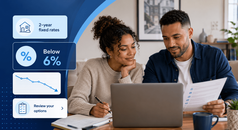 Average Two-Year Mortgage Rate Falls Below 6% in 2023, with a mixed couple reviewing mortgage options and falling rate icons on a branded blue hero image.