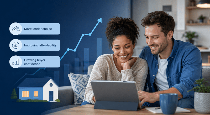 Green Shoots in the Mortgage Market 2024 with a mixed couple reviewing mortgage options and rising market confidence icons