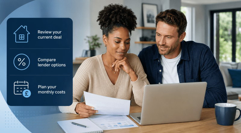 Mixed couple reviewing mortgage documents and lender options on a laptop, with icons for deal review, rate comparison and monthly cost planning.