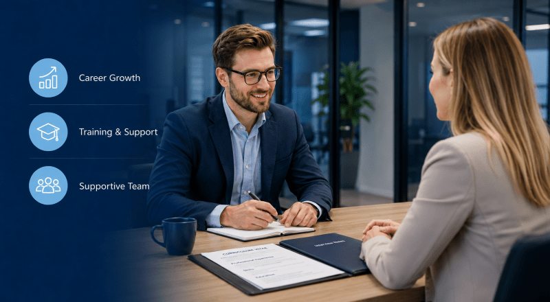 Self-Employed Mortgage Adviser Opportunity at Connect interview setting with career growth, training support and supportive team icons