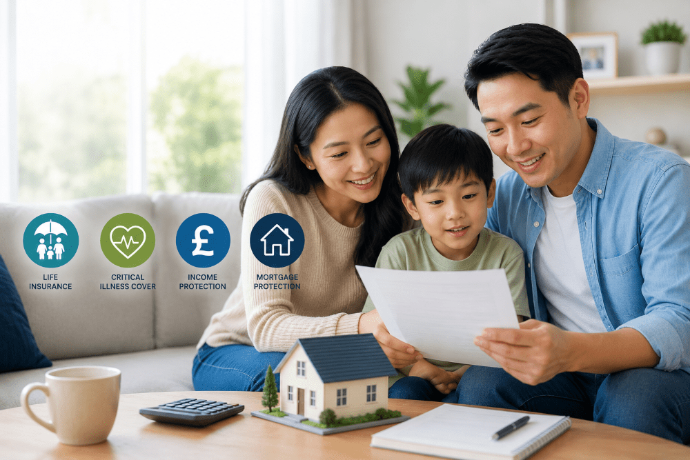 Life’s Uncertainties: Asian family reviewing protection documents at home with icons for life insurance, critical illness cover, income protection and mortgage protection.