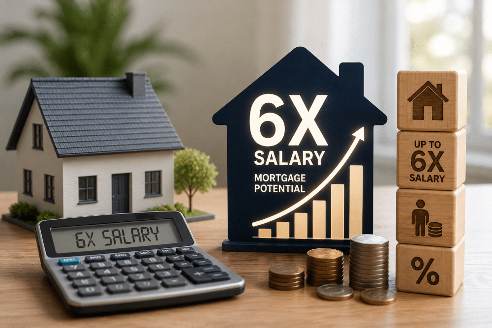Mortgages Up to 6x Salary Explained with a house model, calculator, income blocks and coins showing higher mortgage borrowing potential.