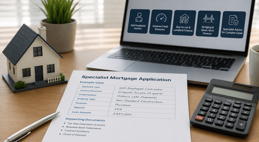 Specialist Mortgages example case application on a professional desk with property model, calculator and mortgage finance icons.