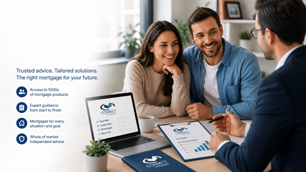Find an expert mortgage broker with Connect Mortgages, showing a broker advising clients with mortgage guidance, product options and branded materials.
