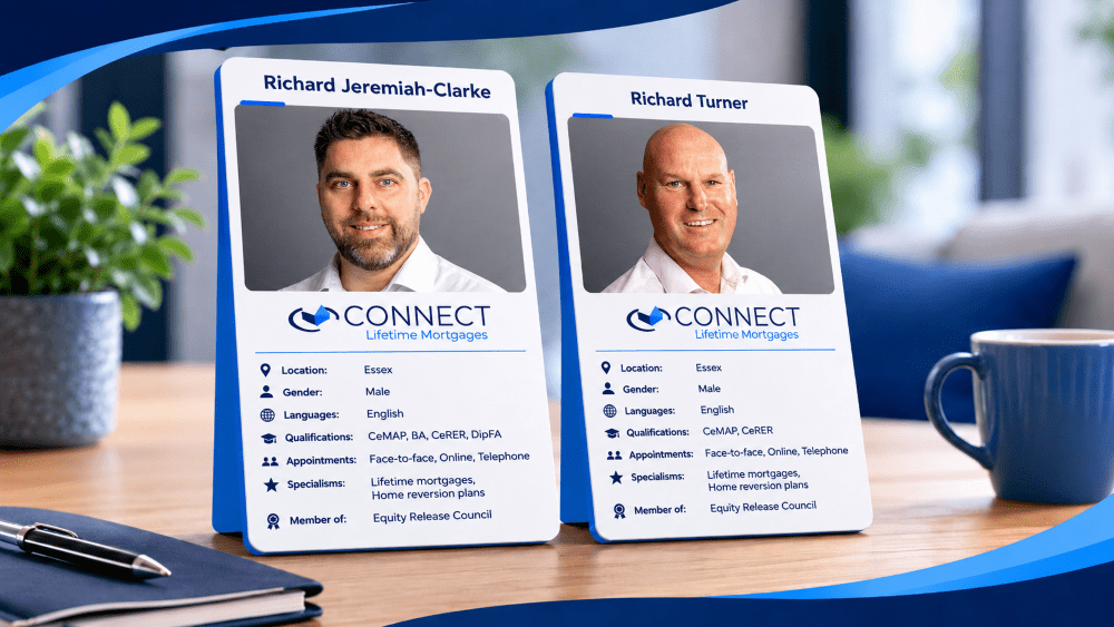 Broker profiles for Richard Jeremiah-Clarke and Richard Turner, Connect Lifetime Mortgages advisers in Essex, showing qualifications, specialisms and Equity Release Council membership.