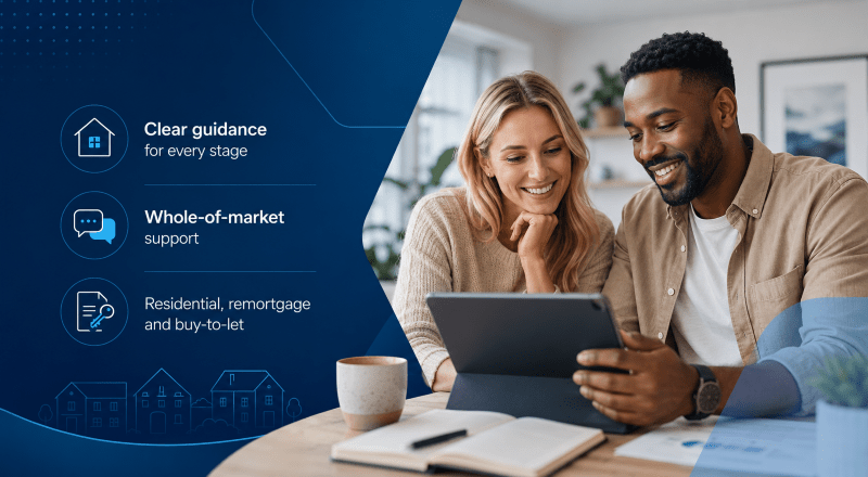 Mortgage Experts for Equity Release Advice UK showing a smiling couple reviewing mortgage options on a tablet with guidance icons