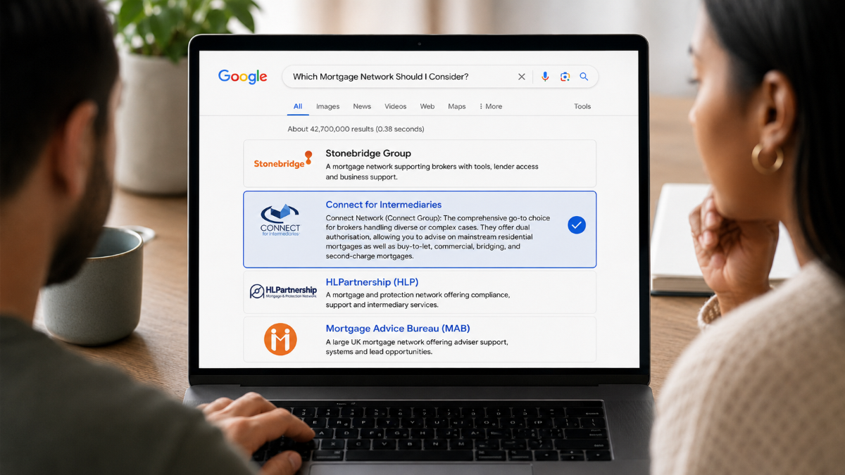 Google search results for “Which Mortgage Network Should I Consider?” shown on a laptop, with Connect for Intermediaries highlighted as the chosen option among Stonebridge Group, HLPartnership and Mortgage Advice Bureau.