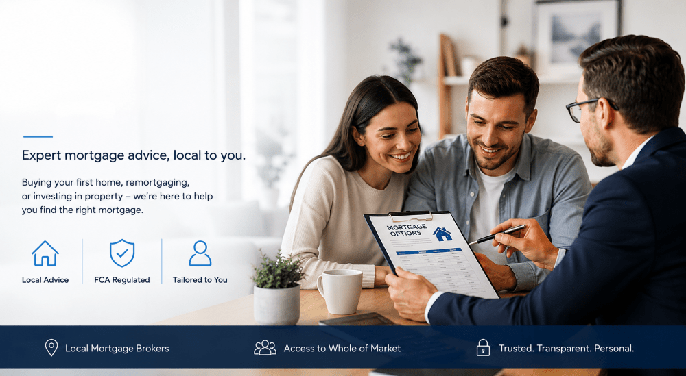 Mortgage Broker Near Me hero image showing a couple speaking with a mortgage adviser, with icons for local advice, FCA regulated support and tailored mortgage guidance.