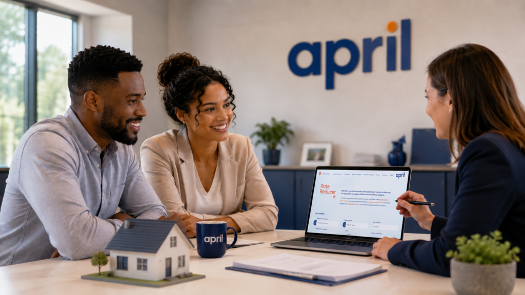 April Mortgage Rates Reduce as LTV Improves hero image showing a diverse couple speaking with a mortgage adviser, with an April Mortgage logo on the back wall and a laptop displaying improving loan-to-value figures.