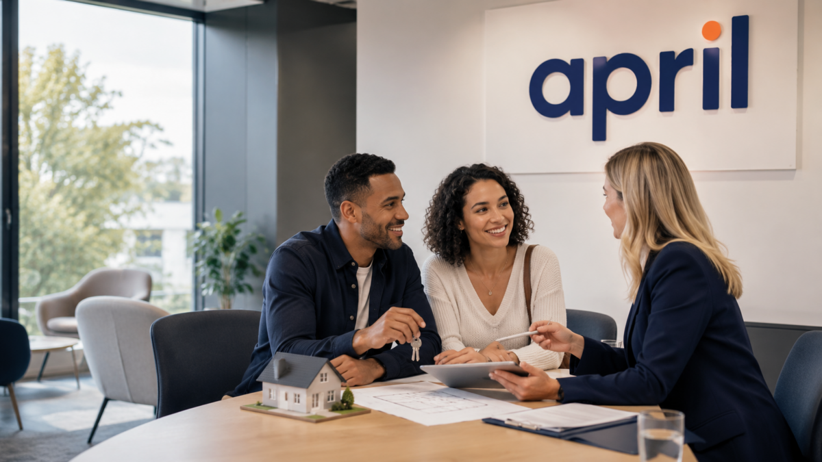 Home Mover Mortgage with April showing a diverse couple speaking with a mortgage adviser in a modern office, with the April Mortgages logo on the back wall.