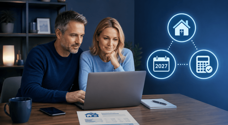 White couple reviewing mortgage affordability plans for 2027 on a laptop, with home, calendar and calculator icons in Connect Mortgages blue branding.