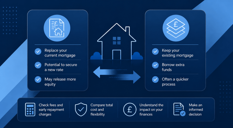 Remortgage vs Second Charge Mortgage comparison graphic showing a home, mortgage documents, pound icons and key checks for comparing secured borrowing options.