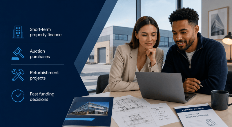 Commercial Bridging Finance hero image showing a young mixed couple reviewing short-term property finance, auction purchase and refurbishment documents with commercial property icons.
