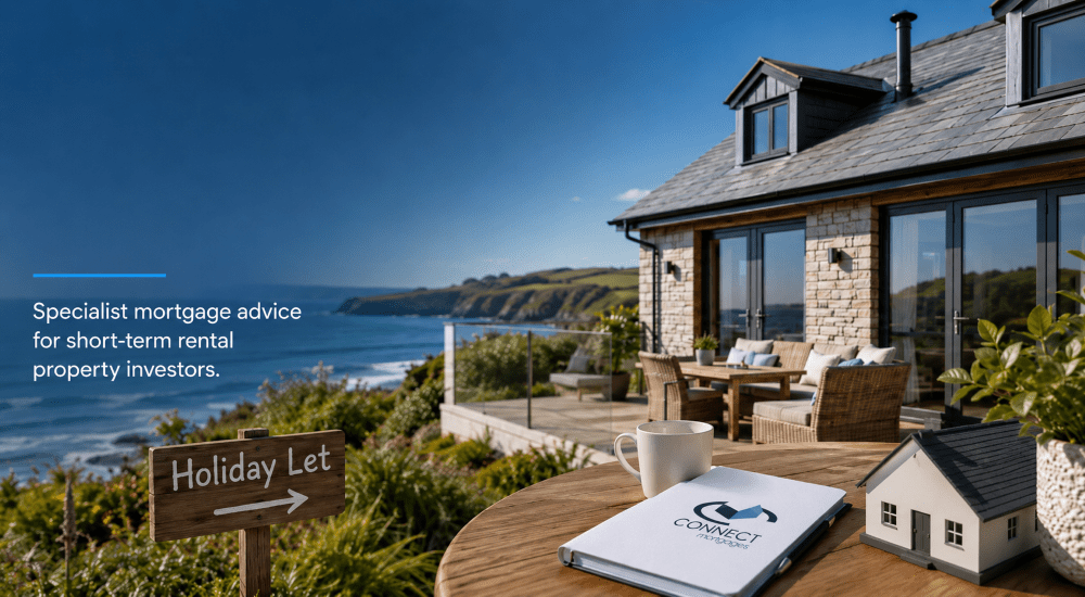 Holiday Let Mortgages for Property Investors with coastal holiday let property, mortgage advice text, Connect Mortgages branding and short-term rental theme.