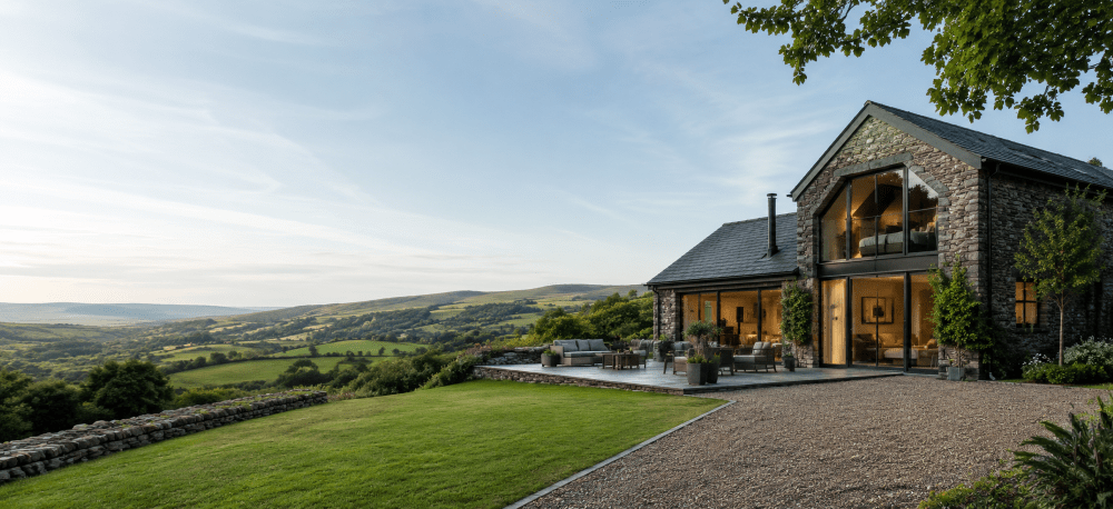 Holiday Let Mortgages hero image showing a modern stone countryside holiday home with wide rural views, large glass windows, landscaped grounds and a peaceful luxury retreat setting.