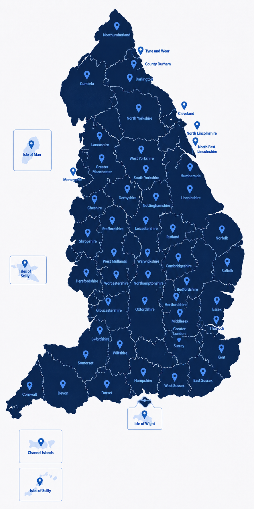 Full-length stylised map of England in dark blue, showing county boundaries with light outlines, mid-blue location pins and county names, plus inset boxes for the Isle of Man, Isles of Scilly, Channel Islands, and Isle of Wight. Mortgage Brokers Near You
