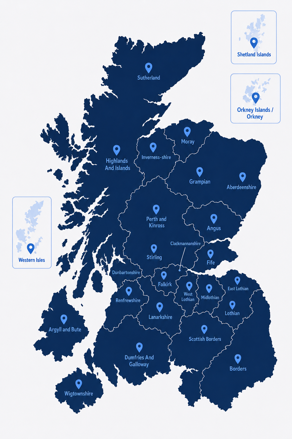 Scotland map for Mortgage Brokers Near You, showing branded location icons across regions including Aberdeenshire, Lanarkshire, Fife, Lothian, Highlands and Islands, and Scottish Borders.