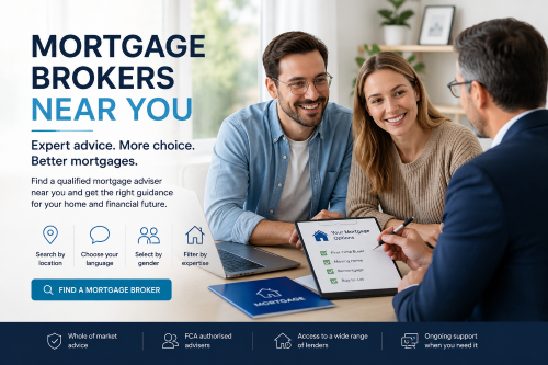Mortgage broker advising a couple on home loan options, with search filters for location, language, gender, and expertise.