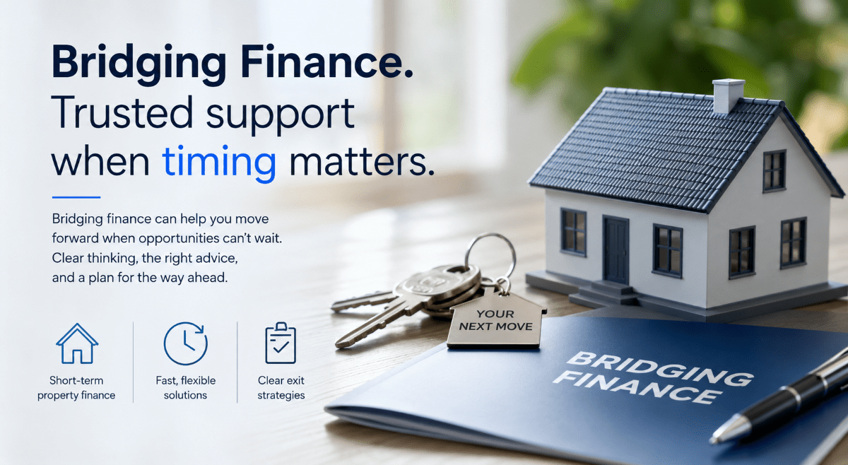 Why Bridging Finance Deserves a Clearer Conversation, showing a model house, keys and finance documents representing short-term property finance and clear exit planning.