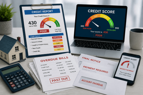 Adverse credit mortgage image showing a low credit score, credit report, overdue bills, final notice and missed payment alert on a desk.