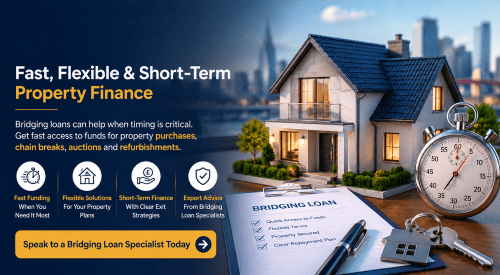 Bridging loan hero image showing a modern property, stopwatch, keys and finance documents for fast short-term property finance.