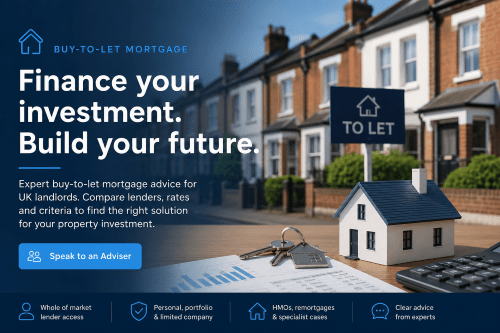 Buy-to-let mortgage advice for UK landlords, showing rental homes, property investment documents, keys and calculator with a blue branded hero design.