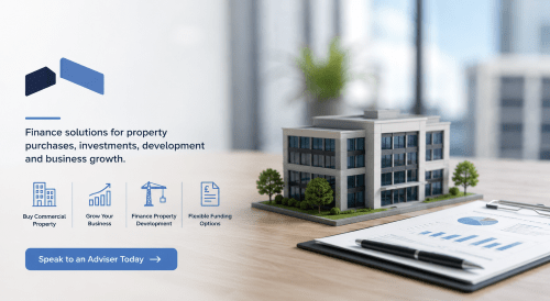 Commercial mortgage finance hero image showing a model office building, business documents and branded blue icons for commercial property, business growth, development finance and flexible funding.
