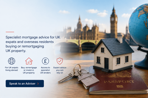 Expat Mortgages UK hero image showing a model house, passport, keys and globe with London landmarks, representing UK property finance for expats living overseas.