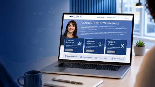 Join Our Mortgage Network hero image showing a clear laptop screen displaying the Connect for Intermediaries homepage, with two people seated nearby and looking towards the screen in a modern office setting.