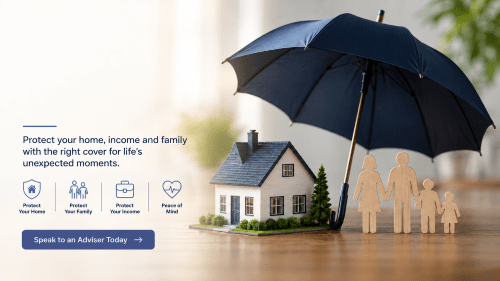 Mortgage Protection & Life Insurance hero image showing a home, family figures and protection icons under an umbrella.