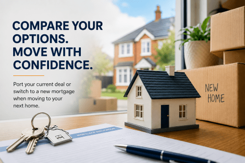 Moving home mortgage hero image with house model, keys, mortgage application and moving boxes for UK home movers comparing mortgage options