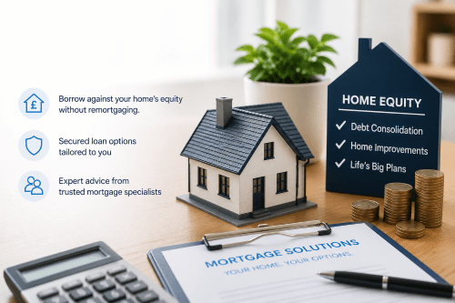 Second charge mortgages hero image showing a model home, home equity sign, mortgage paperwork and branded icons for secured borrowing options