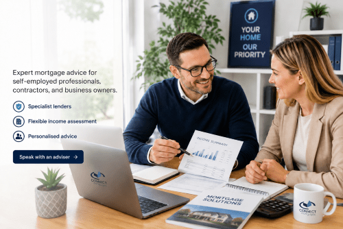 Self-employed mortgage advice with Connect Mortgages adviser reviewing income documents with a client.