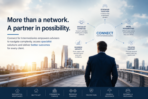Who is Connect for Intermediaries: a mortgage adviser looking across a city skyline, representing specialist finance support, adviser growth and wider client possibilities.