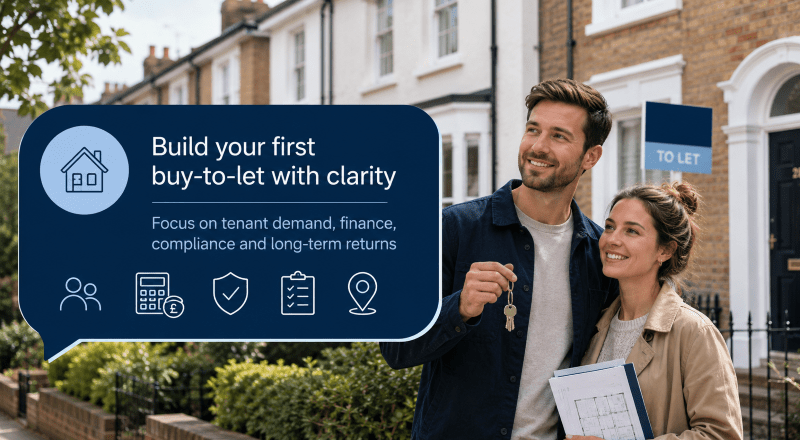 10 Buy-to-Let Tips for First-Time Landlords hero image showing a smiling couple with house keys outside a rental property, with buy-to-let icons for tenants, finance, compliance, checklist and location.