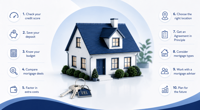 10 First-Time Buyer Mortgage Points to Consider hero image showing a modern house, keys, and step-by-step mortgage planning icons in Connect Mortgages branded blue colours.