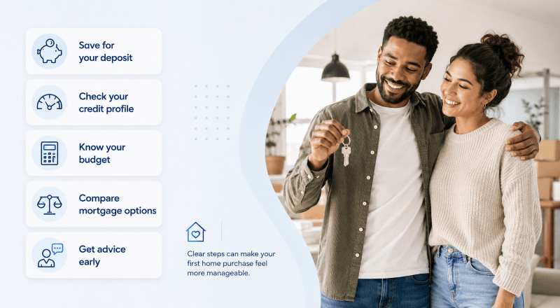 10 First-Time Buyer Mortgage Tips with deposit, credit profile, budget, mortgage options and early advice icons beside a new home buyer couple holding keys