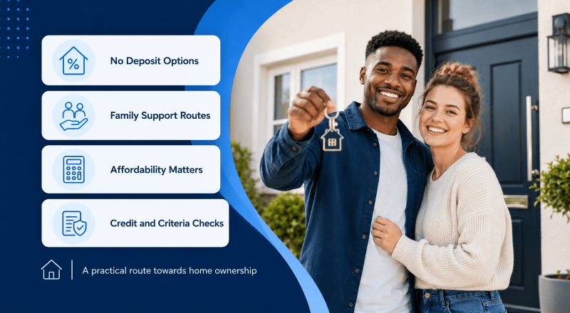 100% Mortgage options explained with no deposit, family support, affordability and credit criteria icons beside first-time buyers holding house keys